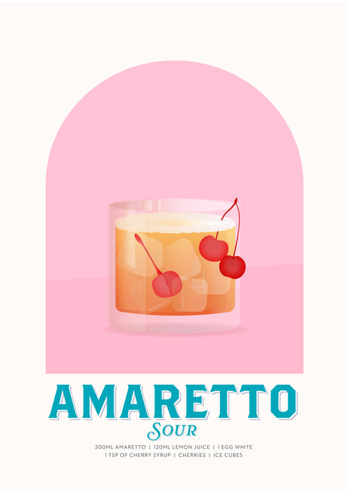 An illustration of Blue Dog Posters' Amaretto Sour cocktail garnished with cherries in a glass under a pink arch. Recipe: 200 ml Amaretto, 120 ml lemon juice, 1 egg white, 1 tsp cherry syrup, cherries, and ice cubes.
