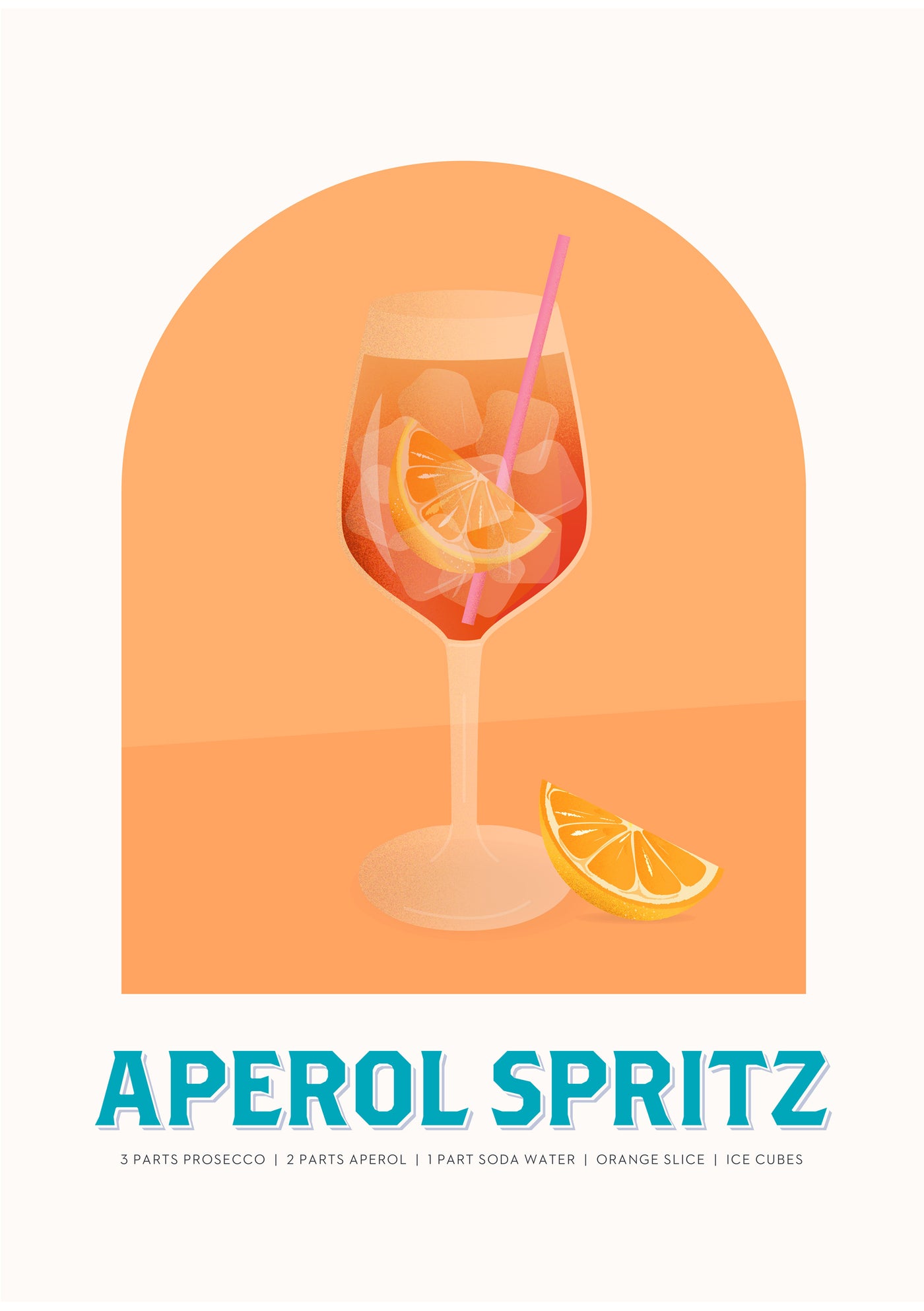 Aperol Spritz illustration by Blue Dog Posters: wine glass with Aperol Spritz cocktail, ice cubes, straw, orange slice garnish; set against an orange half-circle. Ingredients listed below.