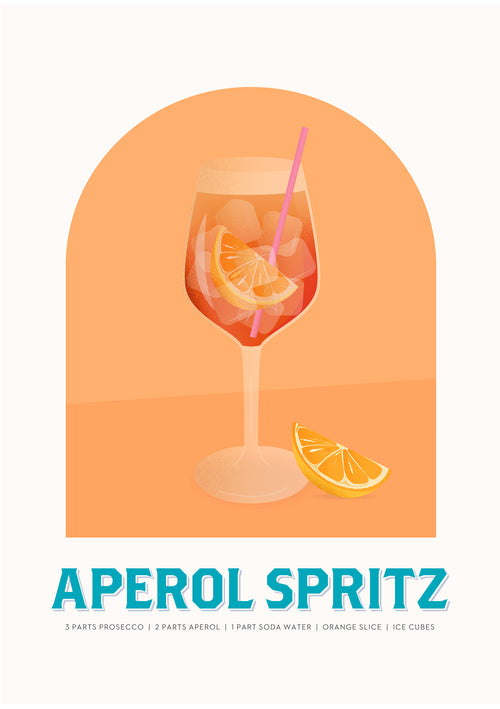 Aperol Spritz illustration by Blue Dog Posters: wine glass with Aperol Spritz cocktail, ice cubes, straw, orange slice garnish; set against an orange half-circle. Ingredients listed below.