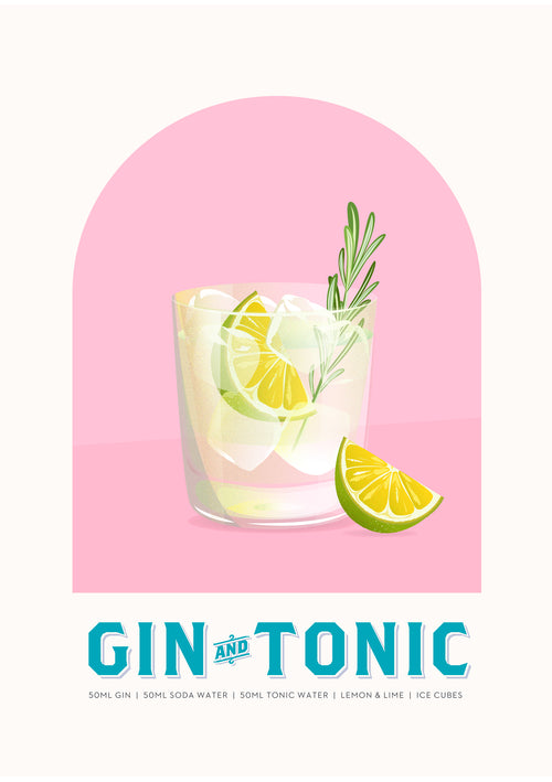 A Blue Dog Posters Gin and Tonic with ice, lemon, lime slices, and rosemary is placed against a pink backdrop. A lime wedge sits next to the glass, while text below lists the drink's ingredients.