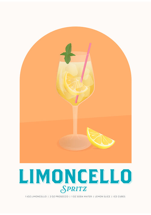 The image shows a Limoncello Spritz by Blue Dog Posters in a wine glass with ice, lemon slices, a pink straw, and mint on top. A lemon wedge sits beside the glass. "Limoncello Spritz" text with recipe details appears below against an orange and white background.