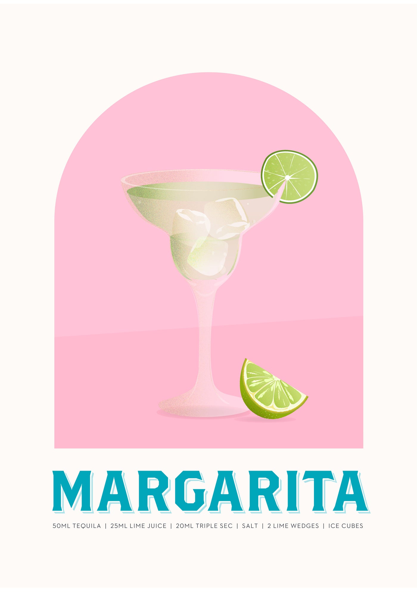 An illustration features a margarita glass with a salted rim and lime garnish in a pink arch. Ingredients: 50ml tequila, 25ml lime juice, 20ml triple sec, salt, lime wedges, ice. "Margarita" is prominently displayed at the bottom by Blue Dog Posters.
