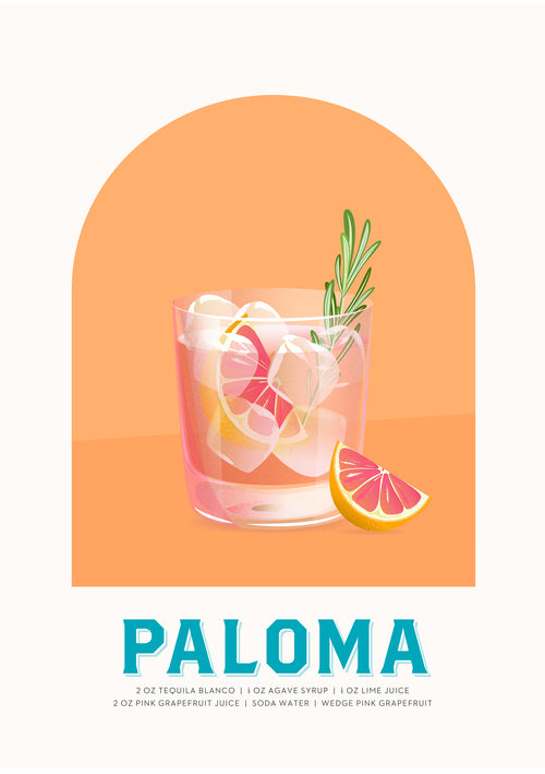 Illustration of a Paloma cocktail by Blue Dog Posters, featuring a glass with ice, grapefruit wedge, and rosemary sprig. Recipe below includes: tequila blanco, agave syrup, lime juice, grapefruit juice, soda water, and pink grapefruit wedge.