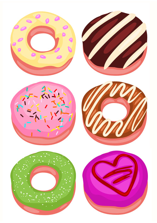 From Blue Dog Posters' Iced Donuts 1 collection: A mini print series depicting six charming donuts. The top row features a yellow iced donut with sprinkles and a chocolate one with white stripes, while the bottom row includes pink sprinkle, caramel-striped, green, and purple iced delights.