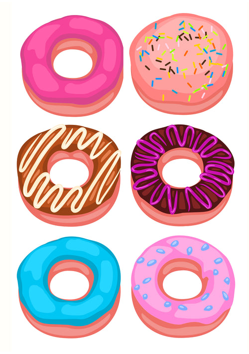 The "Iced Donuts 2" mini print by Blue Dog Posters features an illustration of six donuts arranged in two rows: pink glazed, pink with sprinkles, chocolate with white drizzle, chocolate with pink drizzle, blue glaze, and pink with blue sprinkles. Each donut has a hole in the center.