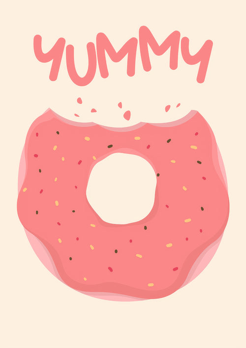 This is an illustration of a Yummy Doughnut Bite by Blue Dog Posters, featuring a donut with pink icing and multicolored sprinkles, a bite taken out of it, and the word "YUMMY" in pink letters against a light beige background.