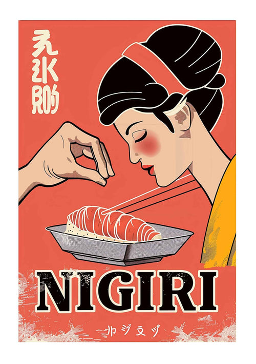 The "Japanese Nigiri Woman" by Blue Dog Posters depicts a retro-style geisha about to eat nigiri sushi. Chopsticks reach for the sushi piece against a red background, adorned with stylized Japanese text and "NIGIRI" in bold at the bottom.