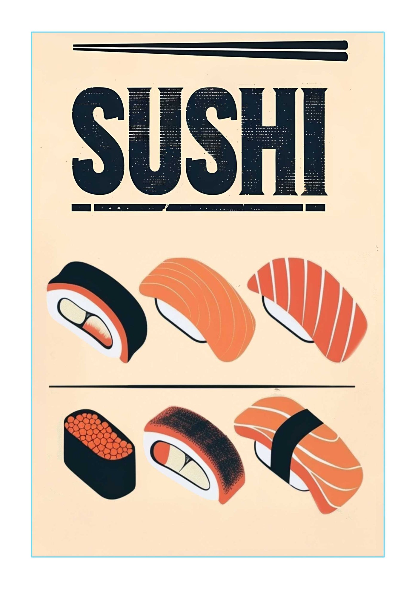 The "Japanese Sushi 2" poster by Blue Dog Posters showcases different sushi such as salmon nigiri, maki rolls, and fish roe. The word "SUSHI" is prominently displayed at the top in bold letters.