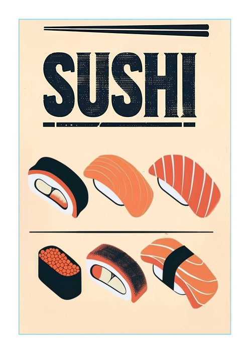 The "Japanese Sushi 2" poster by Blue Dog Posters showcases different sushi such as salmon nigiri, maki rolls, and fish roe. The word "SUSHI" is prominently displayed at the top in bold letters.