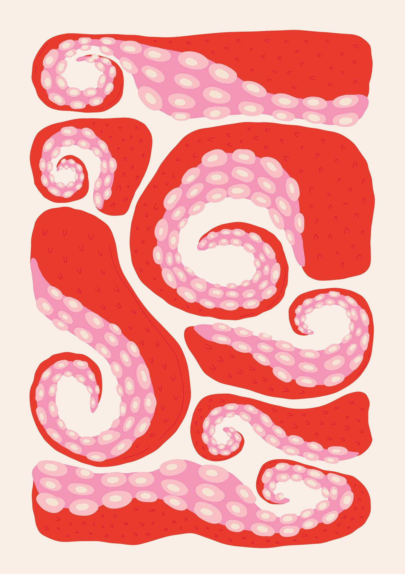 The "Suckers" poster by Blue Dog Posters displays abstract red and pink swirling tentacle shapes with a textured pattern on a light background.
