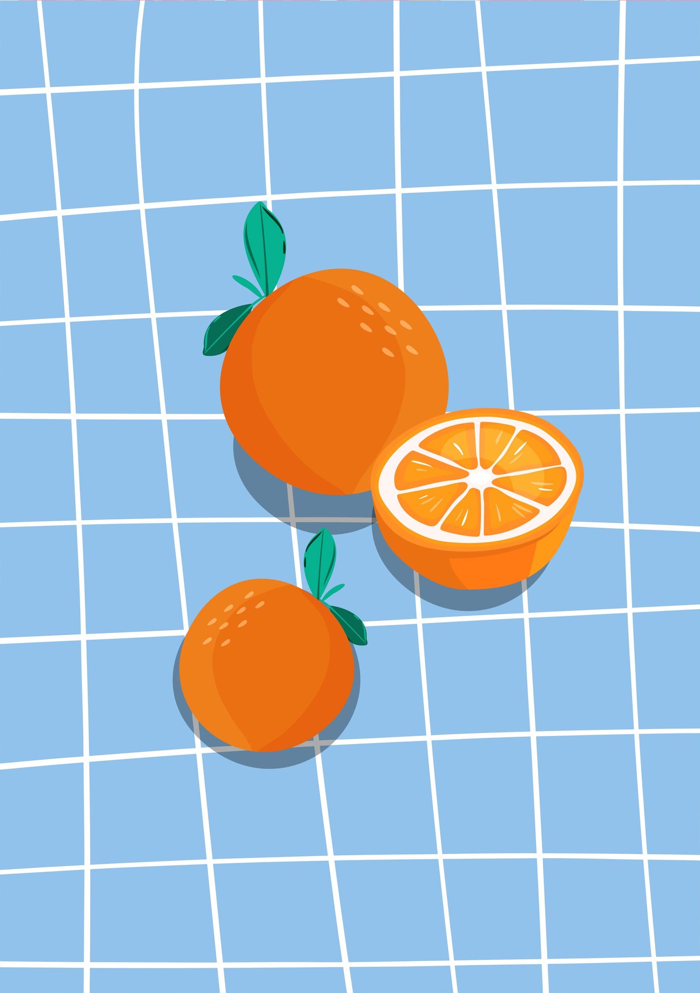 The 'Oranges on Blue' poster by Blue Dog Posters features two whole oranges with green leaves and a halved orange, all set against a blue and white grid background, vividly displaying the orange's segments.
