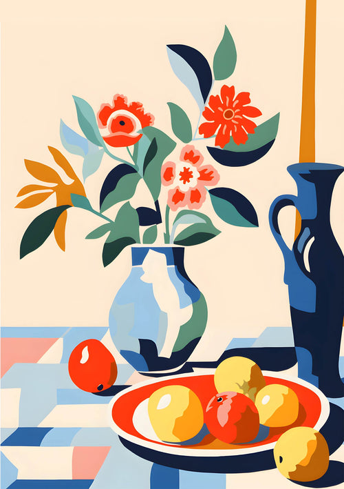 Still Life with Flowers Bright by Blue Dog Posters features a bold and abstract style. A vase of vibrant flowers, a dark bottle, and apples on a checkered tablecloth stand out in warm reds, blues, greens, and yellows.