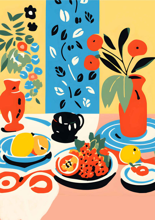 The "Still Life 3 Panels" by Blue Dog Posters showcases a vibrant depiction of colorful fruits such as lemons, oranges, and berries on plates. It features red vases with flowers and a striking blue, yellow, and pink patterned background. An abstract foliage and a black cup complete the composition.