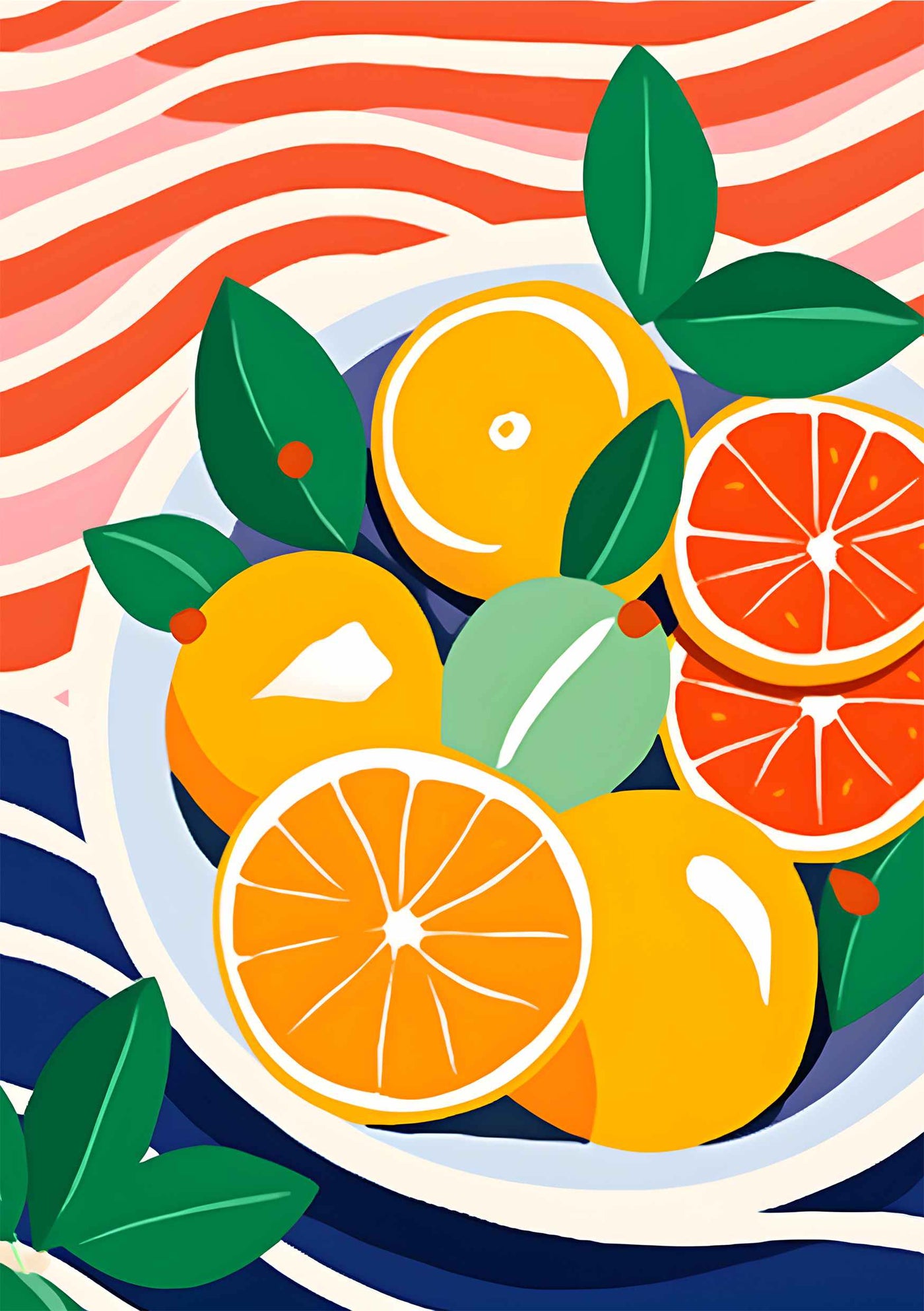 The "Oranges in Bowl" by Blue Dog Posters showcases whole and sliced citrus fruits, including oranges, lemons, and grapefruits. Green leaves decorate the scene against a background of wavy red, blue, and white stripes.