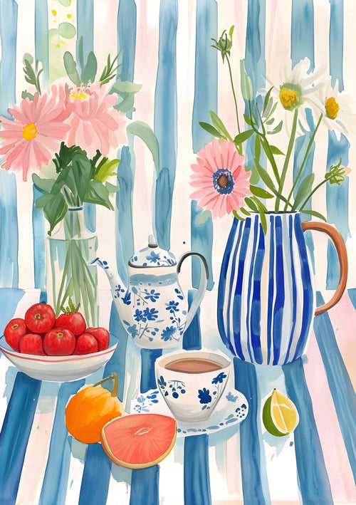 Blue Dog Posters' "Blue and White Striped Still Life" watercolor depicts a blue-floral teapot, matching teacup, a striped jug with flowers, a bowl of red apples, grapefruit, orange, and lime quarter—all set on a blue and white striped tablecloth.