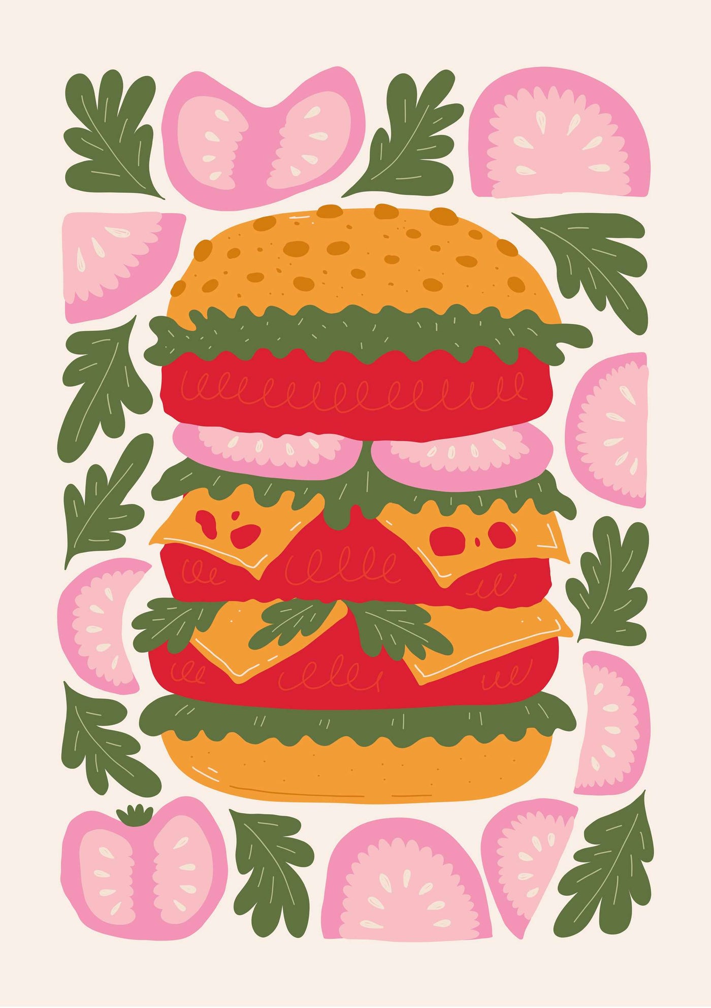 The Triple Burger Stack by Blue Dog Posters shows an illustrated burger with layers of lettuce, tomato slices, cheese, and pickles between sesame seed buns. Decorative halves of pink radishes and green parsley surround it on a light background.