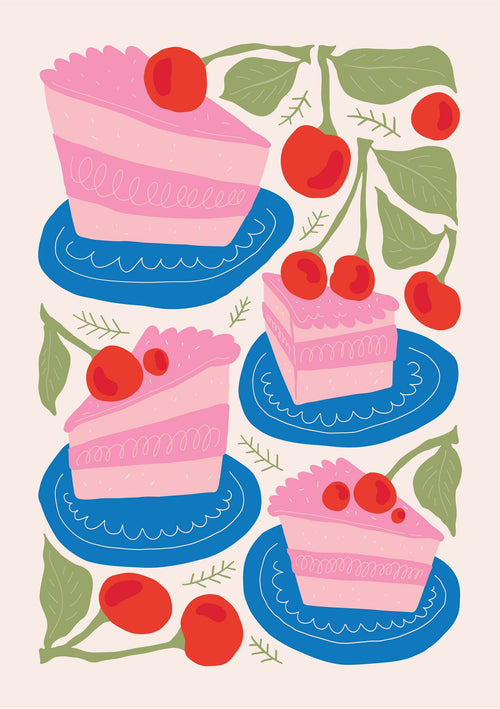 Stylized and colorful design featuring three Pink Cake Slices by Blue Dog Posters, adorned with cherries on top, served on blue plates. The background highlights red cherries and green leaves against a light backdrop.