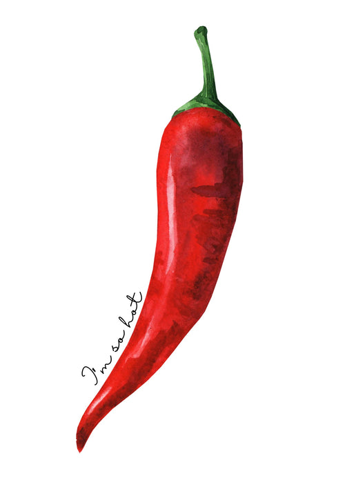 The Hot Chilli poster by Blue Dog Posters features a single red pepper with a green stem on white, accompanied by "I'm so hot" in script.