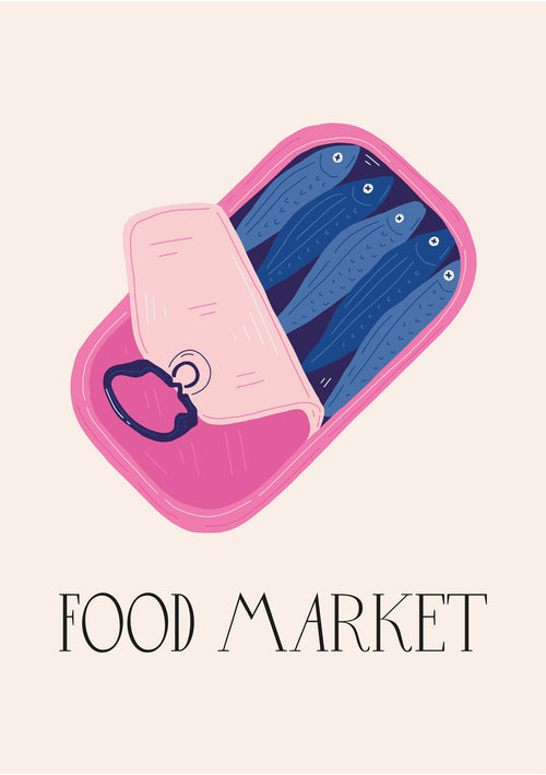 A pink tin can labeled "Food Market Sardines" from Blue Dog Posters, partially opened with a key, is illustrated against a light background. The words "FOOD MARKET" appear below in stylized font.