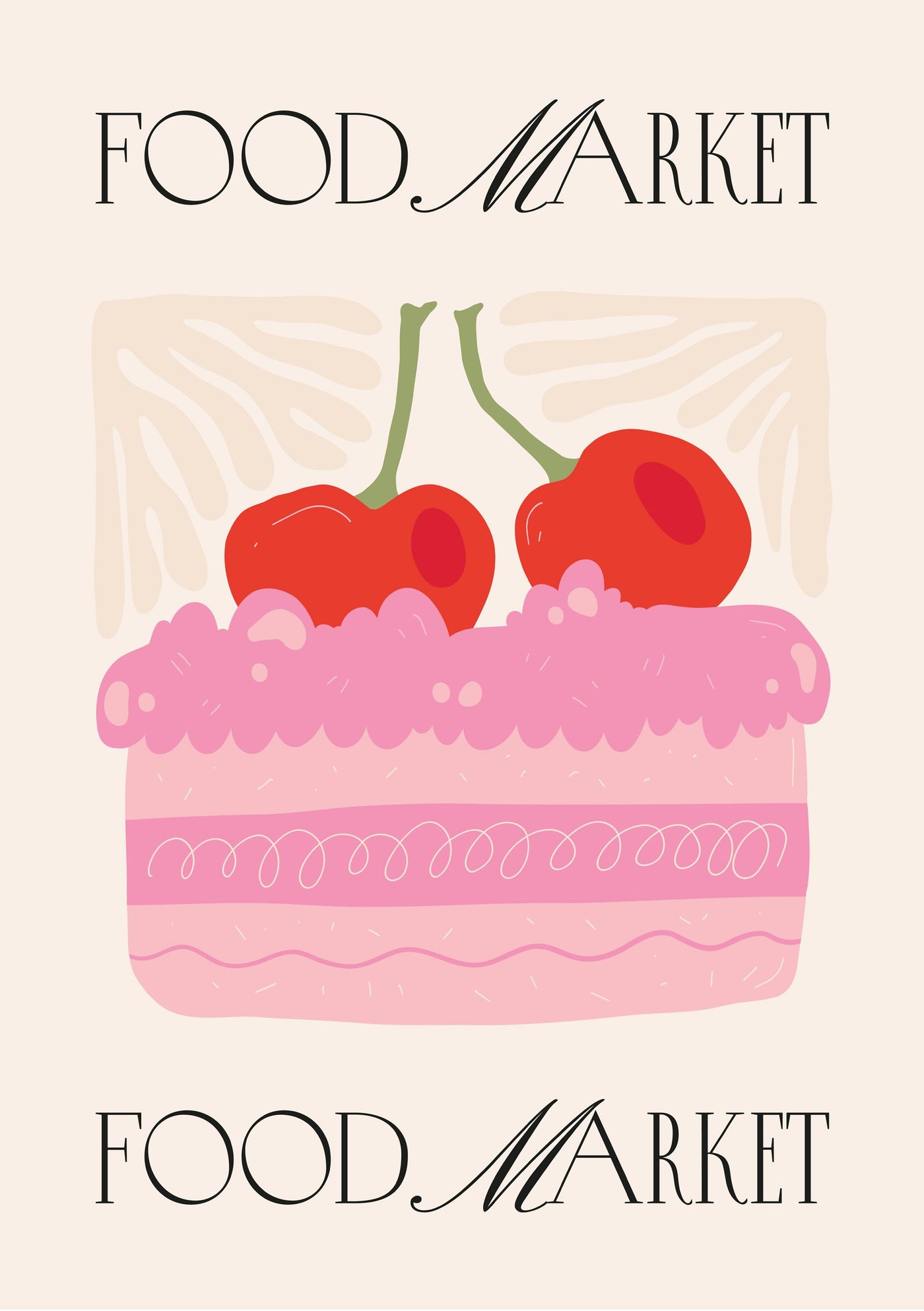 A pink cake illustration with swirled frosting and two cherries, titled "Food Market Cherry Cake" by Blue Dog Posters, is surrounded by ornate text on top and bottom against a backdrop of soft-hued abstract leaf patterns.