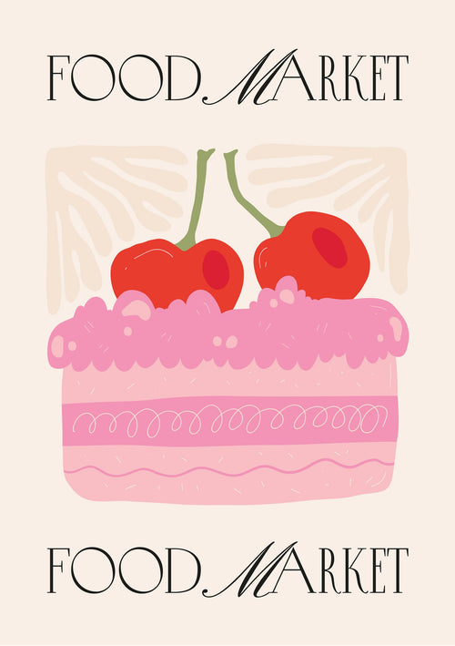 A pink cake illustration with swirled frosting and two cherries, titled "Food Market Cherry Cake" by Blue Dog Posters, is surrounded by ornate text on top and bottom against a backdrop of soft-hued abstract leaf patterns.