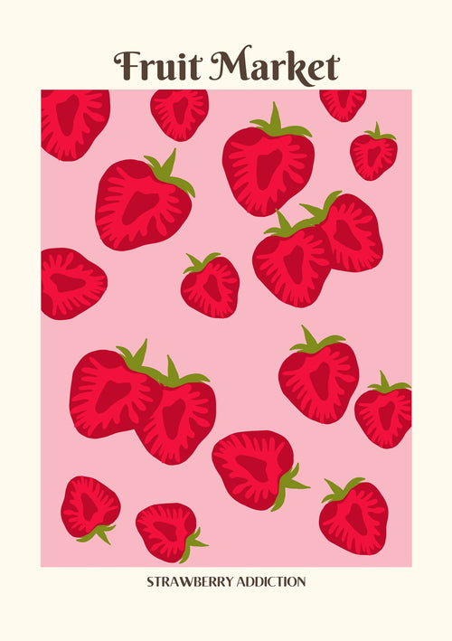 Illustration titled "Fruit Market Strawberry Addiction" by Blue Dog Posters, featuring scattered, stylized strawberries with green leaves on a pink background.