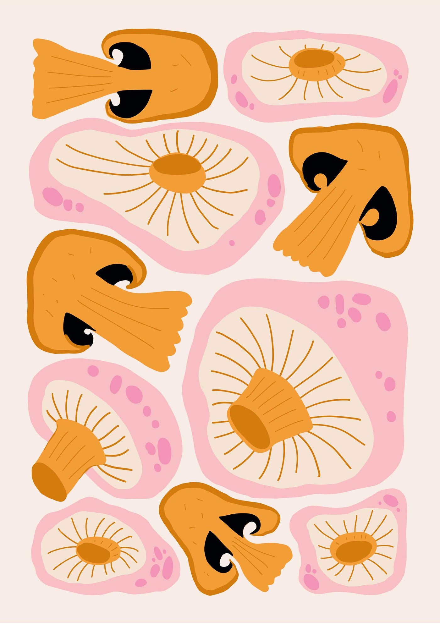The "Pink and Orange Mushrooms" poster by Blue Dog Posters features playful illustrations of stylized, abstract mushrooms with orange caps and black gills against a pink, irregular background, showcasing varying mushroom orientations.
