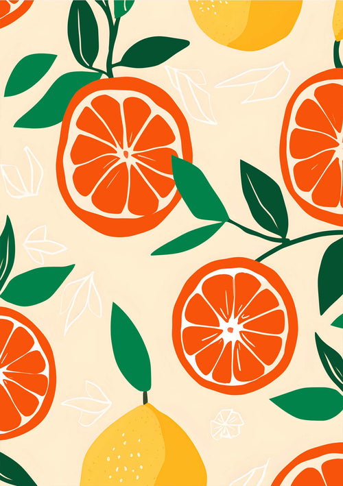 The "Oranges and Lemons" by Blue Dog Posters showcases vibrant halved oranges, whole lemons, and green leaves on a light background, creating a fresh and lively atmosphere.