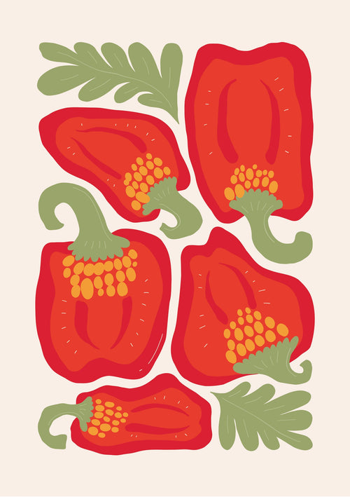 The "Red Peppers - Capsicum" by Blue Dog Posters features stylized illustrations of five red bell pepper halves exposing seeds, with green leaves in bold colors against a light beige background.