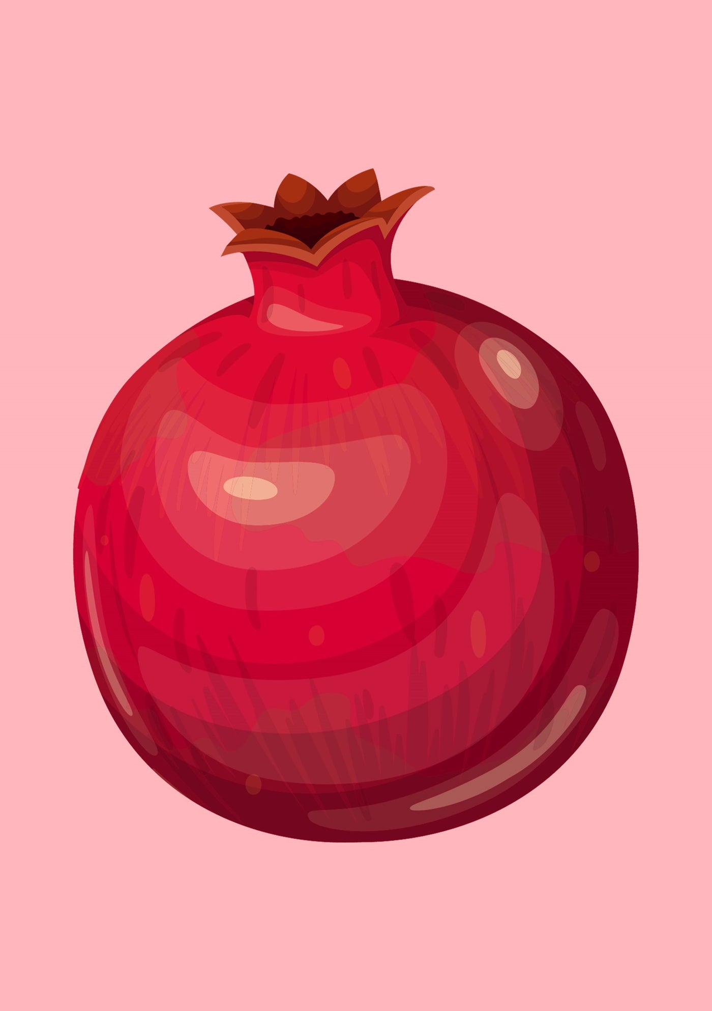 Part of Blue Dog Posters' Little Art series, the "Pomegranate" illustration displays a glossy red pomegranate with a crown-like top on a soft pink background, ideal for Deluxe Postcard Frames.