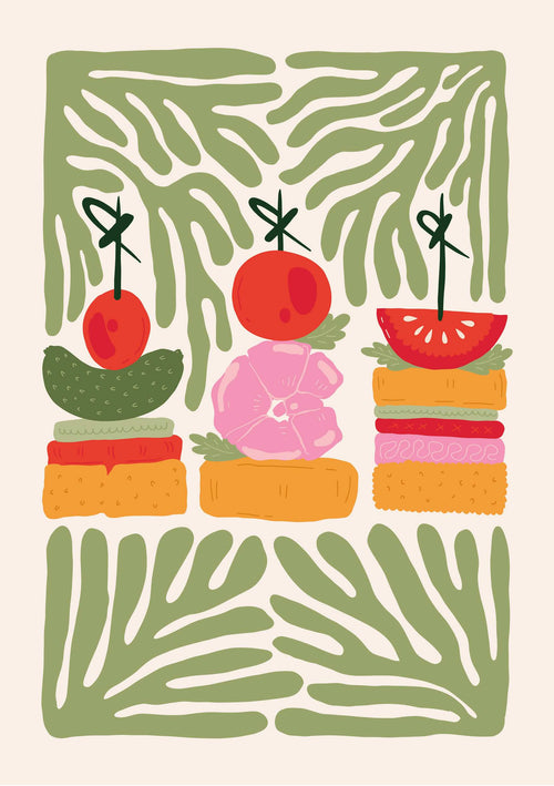 Illustration from Blue Dog Posters' "Party Hor D'Oeuvres" depicts three skewered appetizers: one with cucumber and tomato, another adorned with a pink flower, and the third featuring layers of tomato and salami. The backdrop showcases abstract green leaf patterns.