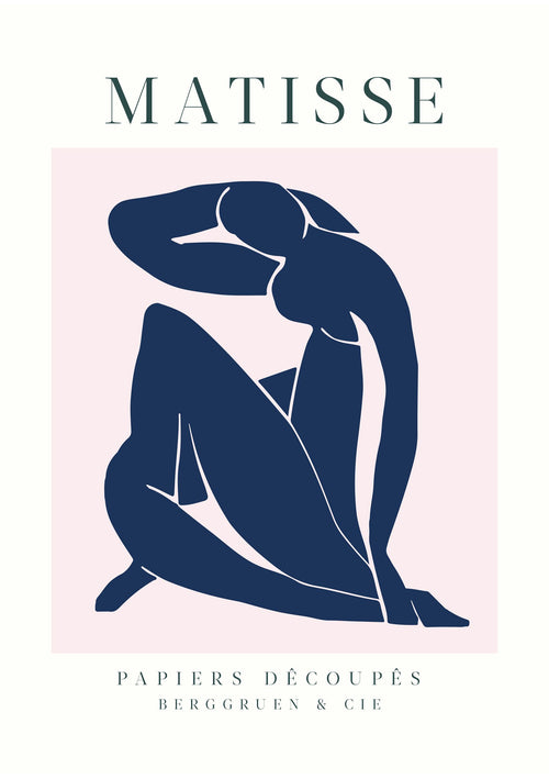 A silhouette of a reclining figure in dark blue with an abstract, minimalist design on a light pink background features the text "Matisse Blue Nude" by Blue Dog Posters.