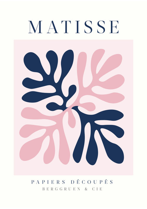 Inspired by Matisse, this abstract piece, Matisse Leaves by Blue Dog Posters, features blue and pink organic shapes on a light beige background.