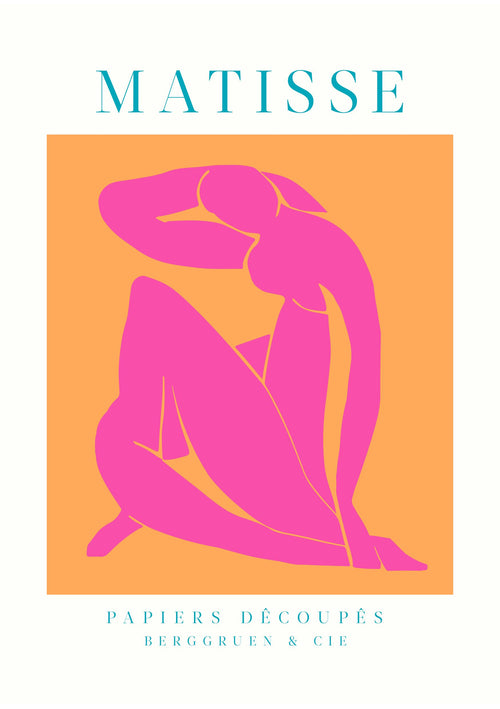 The Matisse Pink Nude by Blue Dog Posters is inspired by Henri Matisse. It showcases a pink silhouette in a dynamic pose on an orange background, with "Matisse" in blue text at the top and "Papiers Découpés Berggruen & Cie" at the bottom.