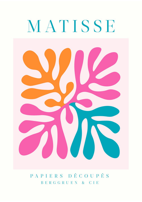 The Matisse Leaves Pink and Orange by Blue Dog Posters features colorful abstract shapes in orange, pink, and teal forming a symmetrical pattern on a light pink background with text above reading "Matisse Papiers Découpés Berggruen & Cie.