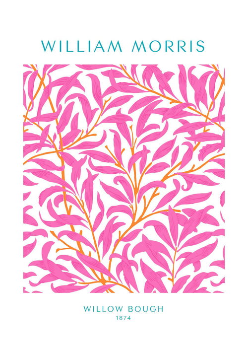 A white background features pink willow branches with orange stems. "William Morris" is written at the top, and "Willow Bough 1874" at the bottom. Product Name: William Morris Willow Bough by Blue Dog Posters.