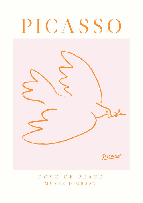 An orange line drawing of a dove with an olive branch rests on a pale background, underlined by "Dove of Peace" and "Musée d'Orsay." Above it, the word "PICASSO" is bolded. Product: Picasso Dove of Peace by Blue Dog Posters.