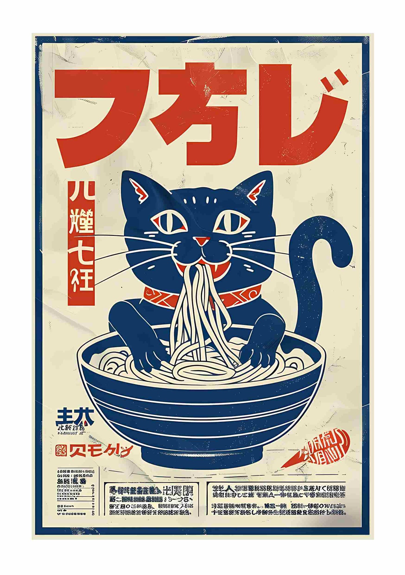 The Japanese Noodle Cat 1 by Blue Dog Posters is a vintage-style print of a black cat with bright eyes enjoying noodles, featuring Japanese text and a retro color palette reminiscent of classic Japanese advertising art.