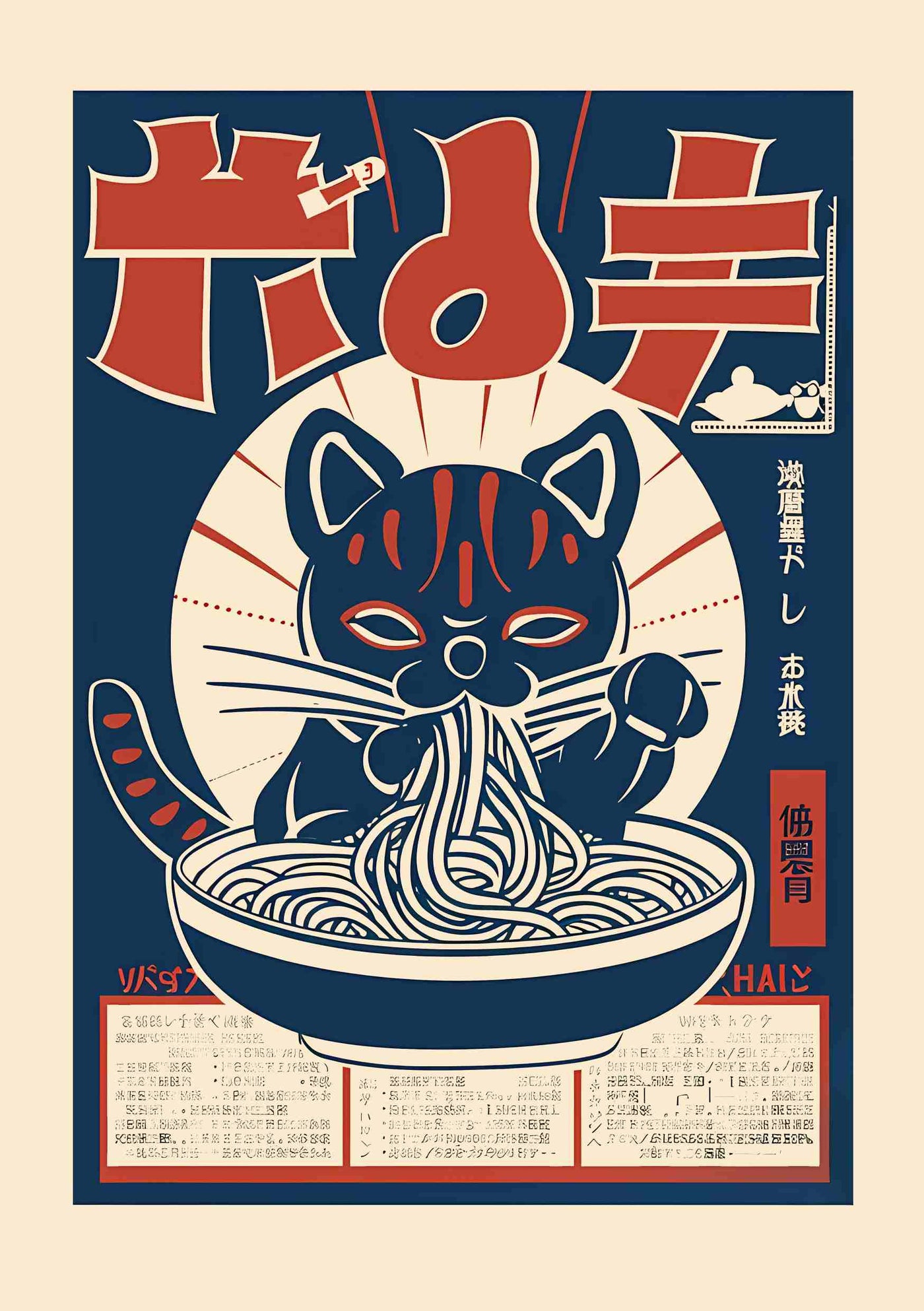 Blue Dog Posters presents the "Japanese Noodle Cat 2," a vintage poster featuring a cat enjoying noodles from a bowl, adorned with stylized Japanese text. The retro design in red, blue, and cream stands out against a sunburst background.