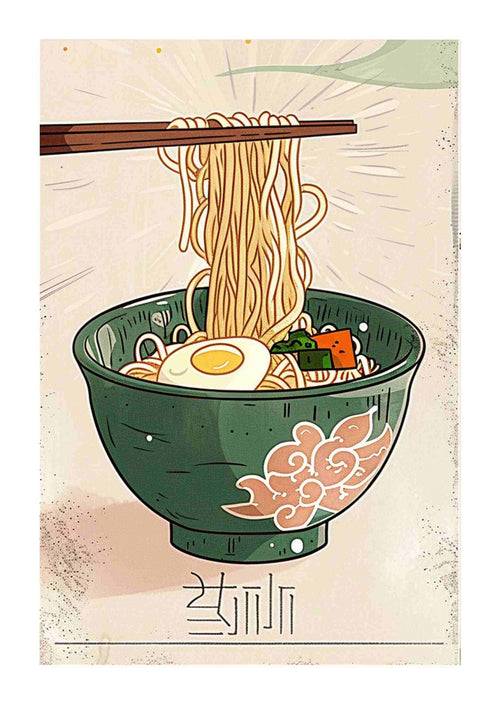 The Japanese Ramen Bowl Green by Blue Dog Posters showcases a stylized illustration with chopsticks lifting noodles, an egg, and vegetables in a detailed bowl adorned with intricate floral patterns against a subtly textured background.