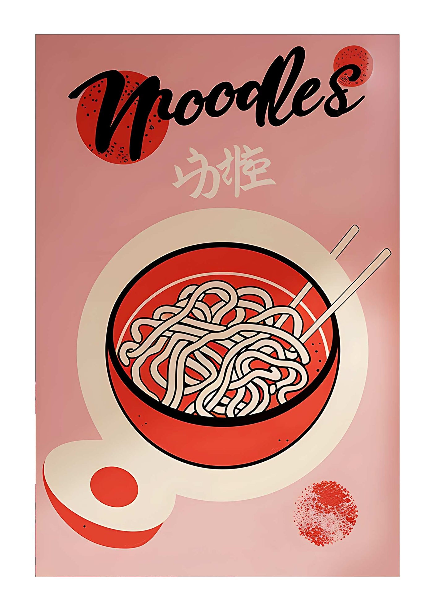 A red and white bowl of stylized noodles with chopsticks appears against a pink backdrop, featuring the product name "Japanese Pink Noodles" and Asian characters at the top. Decorative red dots accentuate the design, all part of Blue Dog Posters' collection.