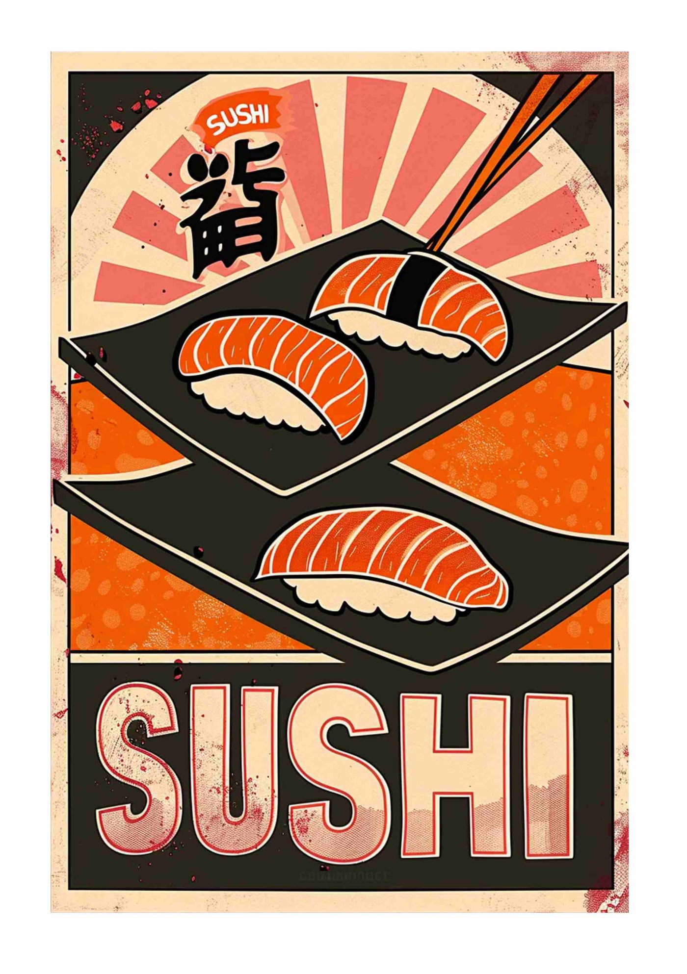 Blue Dog Posters' "Japanese Retro Sushi" features sushi art with three pieces, including nigiri with orange fish. One piece is held by chopsticks. The design includes bold "SUSHI" text at the bottom, set against a sunburst and kanji character background.