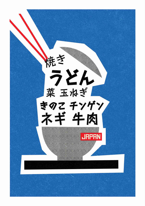 An abstract illustration of a bowl with red chopsticks on a blue background features Japanese text around it, and a small red "JAPAN" label near the bottom. Product: Japanese Noodle Type, Brand: Blue Dog Posters.