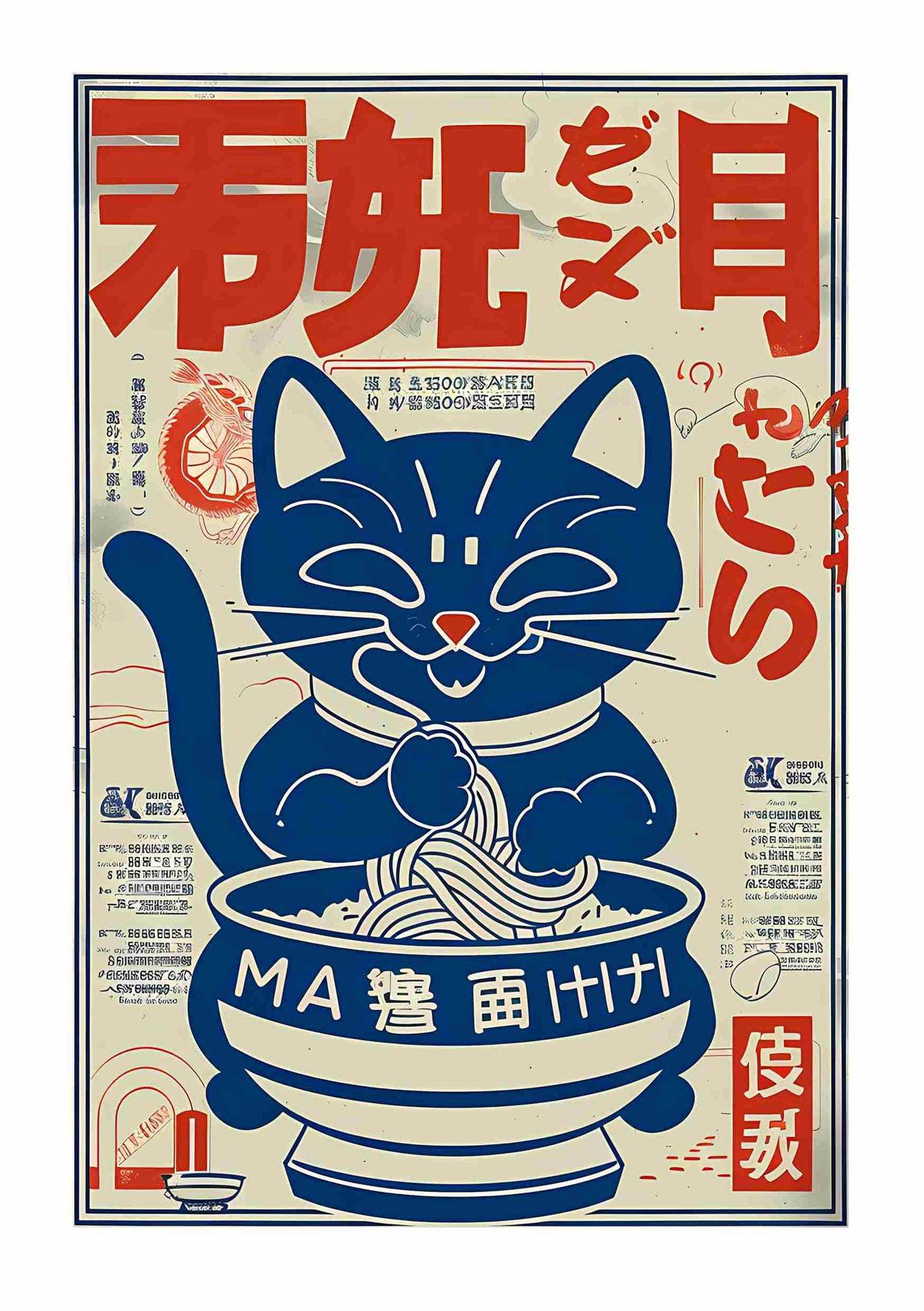 The "Japanese Noodle Cat 3" poster by Blue Dog Posters showcases a cartoonish cat happily eating noodles from a large bowl, with bold Japanese text and playful illustrations of shrimp, a noodle bowl, and a small container with a red lid on a beige background.
