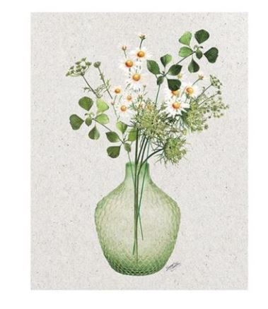 An elegant depiction of "Vase I" by Summer Thornton, available from MEZ, features a green glass vase filled with a delicate arrangement of daisies, white blossoms, and assorted green leaves, all beautifully captured against a light grey background.