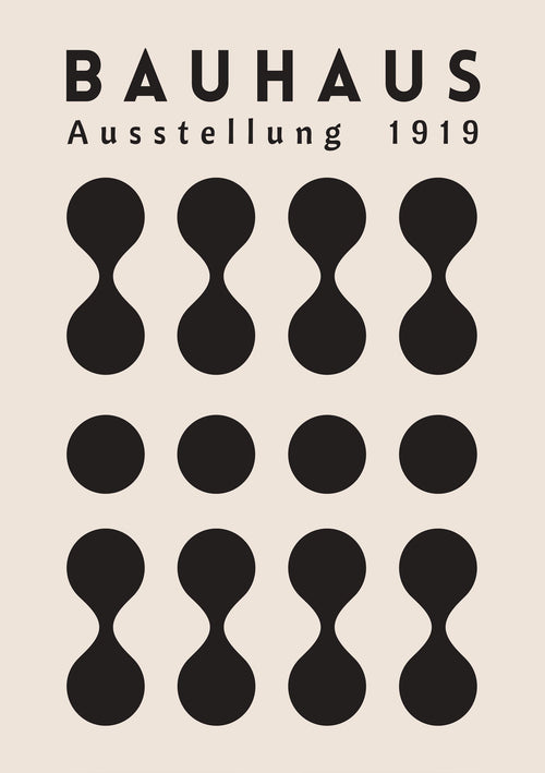 The Bauhaus Ausstellung 1919 Black poster by Blue Dog Posters features black abstract shapes like hourglass and oval forms in a grid on a light beige backdrop. "BAUHAUS Ausstellung 1919" is prominently displayed at the top in bold, modern typography.