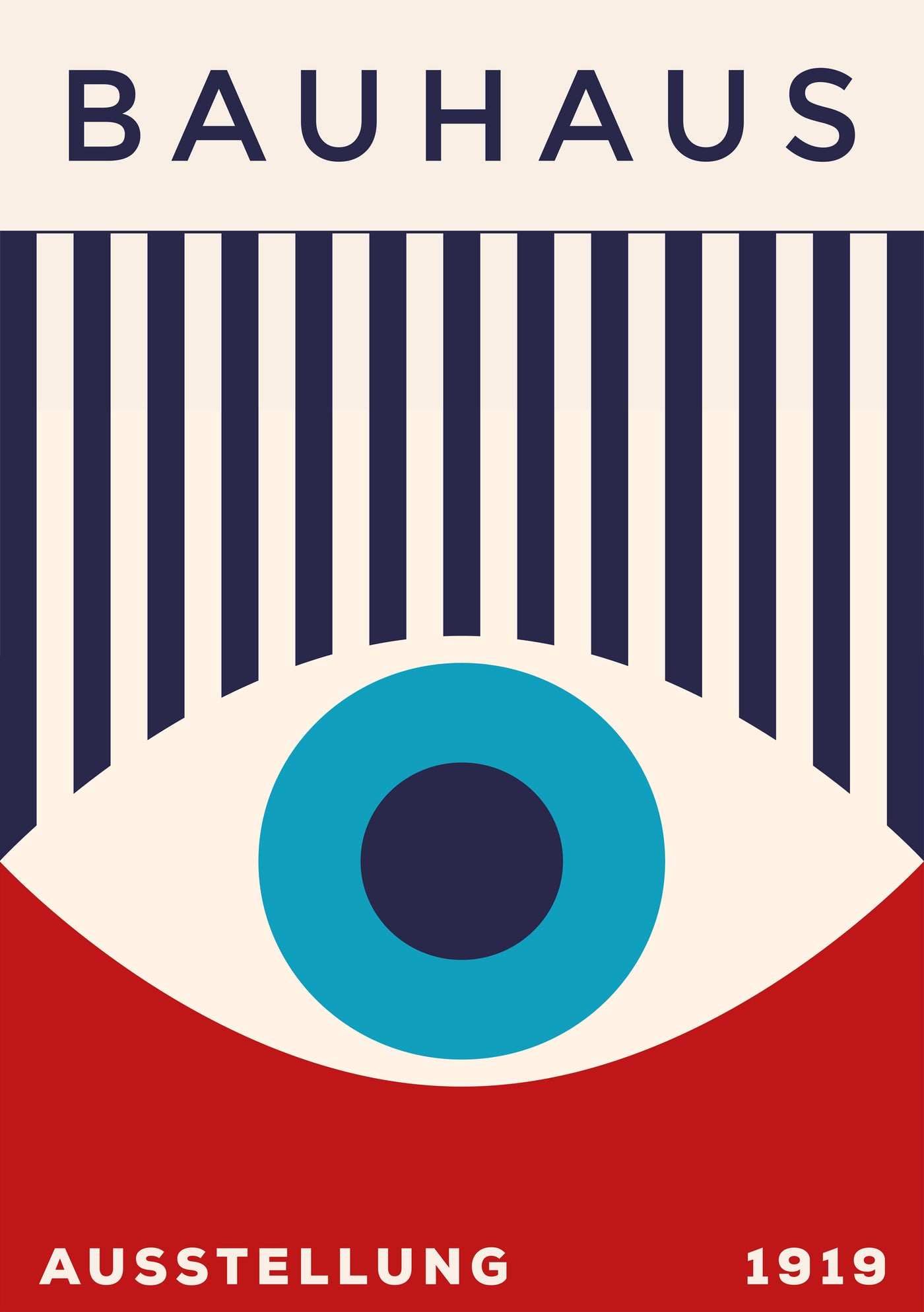 The "Bauhaus Ausstellung 1919 Eye" poster by Blue Dog Posters showcases a bold eye design with black vertical stripes, a blue iris, and a red lower section. The text "BAUHAUS AUSSTELLUNG 1919" is featured prominently.