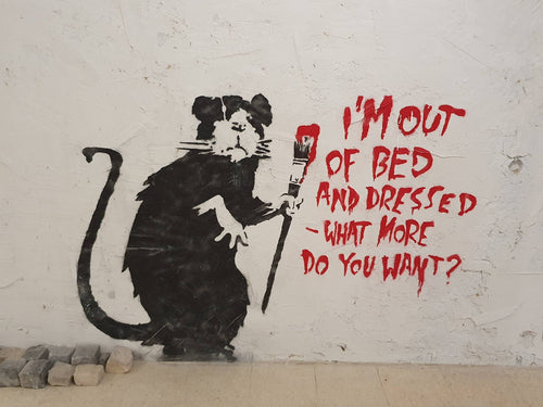 The Banksy Out of Bed Rat poster by Y features a graffiti artwork on a rough white wall, depicting a black rat standing on its hind legs and holding a red paintbrush. Red text next to the rat reads, "I'M OUT OF BED AND DRESSED - WHAT MORE DO YOU WANT?" Printed on high-quality 250gsm Satin Paper, this A3 poster captures every detail perfectly.
