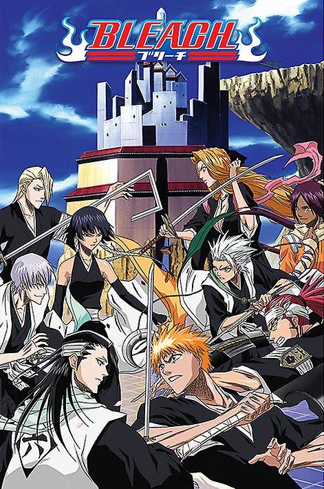 Promotional poster for "Bleach Soul Reaper Clash" by MTV 064, showcasing multiple characters in dynamic fighting poses. The central figure, a character with bright orange hair, stands out amid others dressed in black and white kimonos, set against the backdrop of a large fortress. Perfect for fans of Japanese Animation!