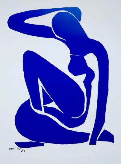 The ART 113 "Henri Matisse - Blue Nude" poster features an abstract blue cut-out silhouette of a seated nude person with one arm over their head on a white background, signed and dated 1952 in the lower left.